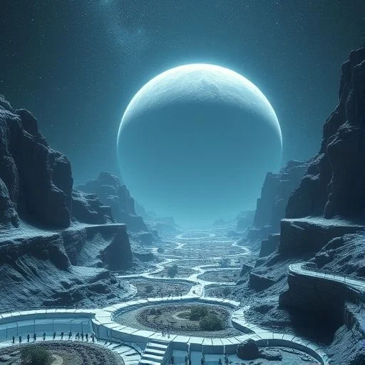 A serene but awe-inspiring view looking out from a cave-like opening onto a vast alien landscape with a distant glowing city or futuristic outpost on the horizon.